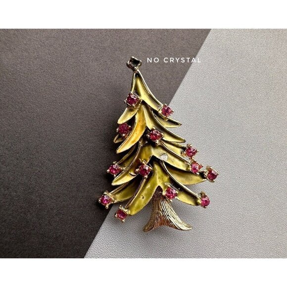 Vintage 60s Signed OPIM GOLDTONE Christmas Tree & Reindeer Rhinestone Pin Brooch - Picture 4 of 6